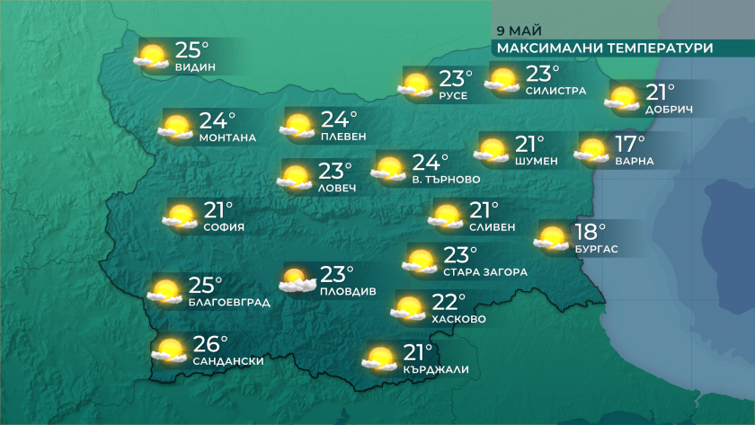 Минималните температури ще бъдат между 5° и 10°, а максималните