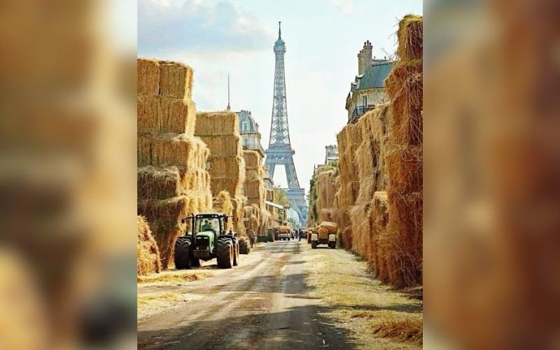 Снимка на центъра на Париж, затрупан с бали слама, беше