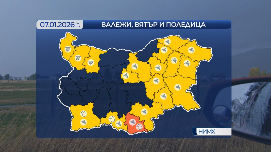 жълт код валежи силен вятър поледици сряда