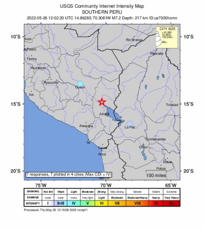 Силно земетресение с магнитуд 7 2 по Рихтер разтърси югоизточно Перу