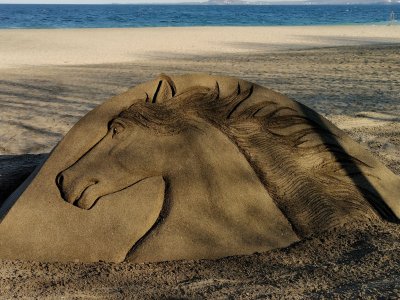 За Тодоровден: Огромна конска глава от пясък се появи на плажа в Бургас (СНИМКИ)