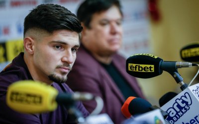 Защитникът на ЦСКА Християн Петров говори на пресконференция преди утрешния